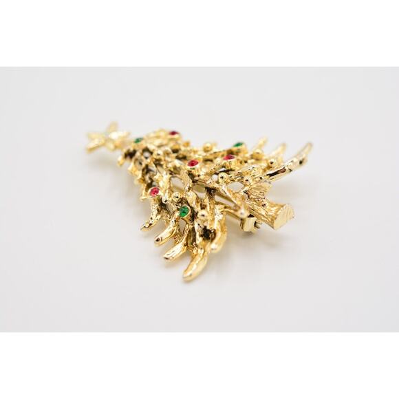 Tancer II Vintage Christmas Tree Pin Brooch Rhinestone Gold Holiday Signed BinAJ - Picture 10 of 12